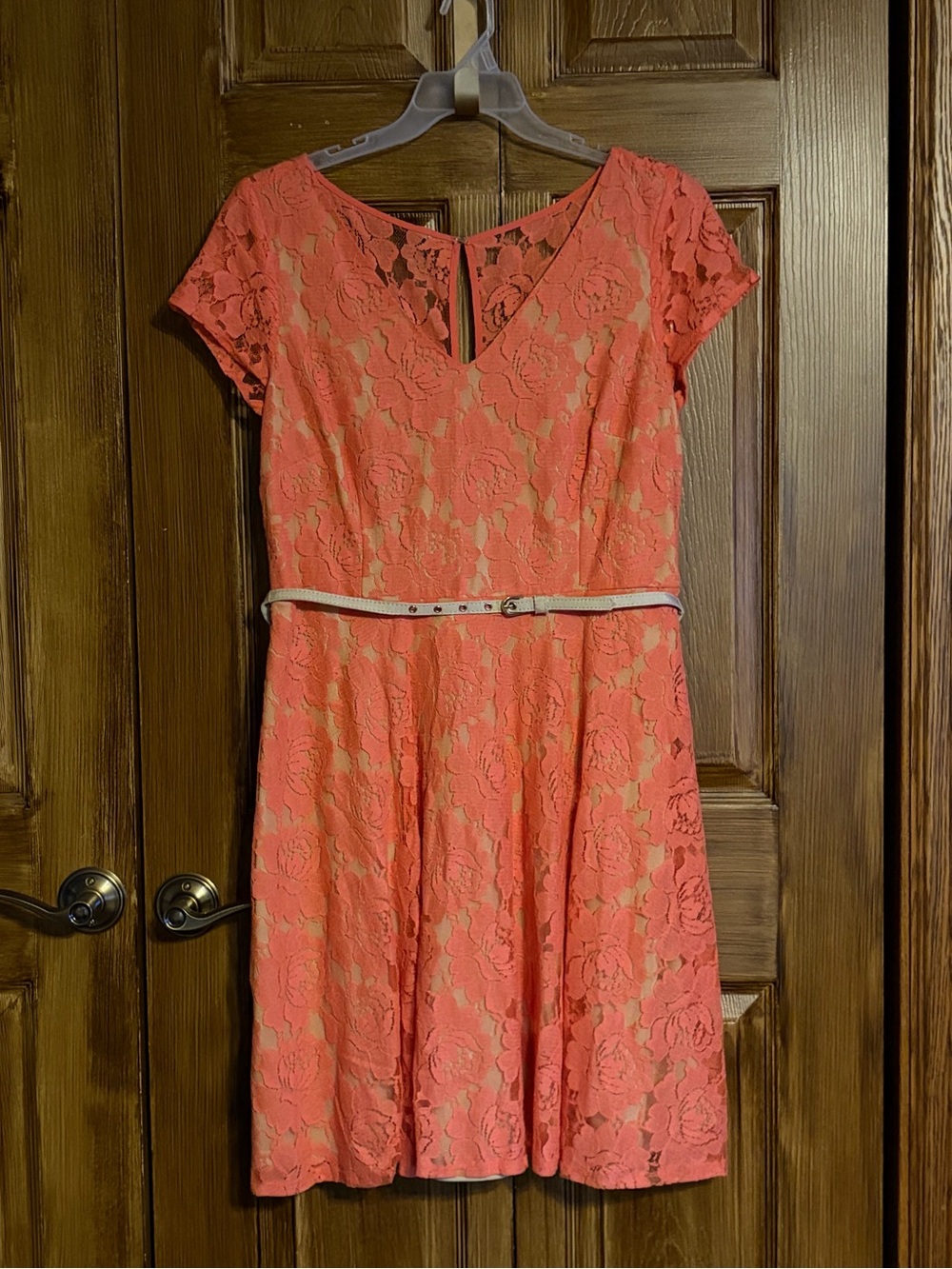 J. Taylor Coral Lace Fit-and-Flare Short Sleeve Midi Dress with Contrast Belt